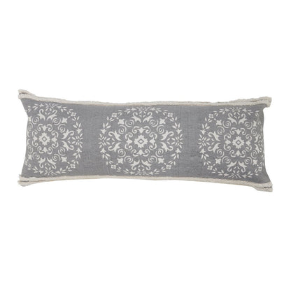 14" X 36" Gray And White Cotton Medallion Throw Pillow