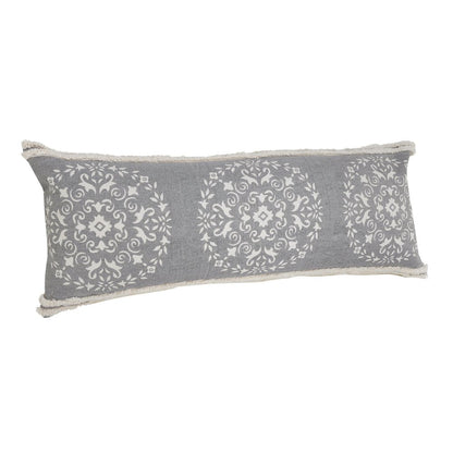 14" X 36" Gray And White Cotton Medallion Throw Pillow