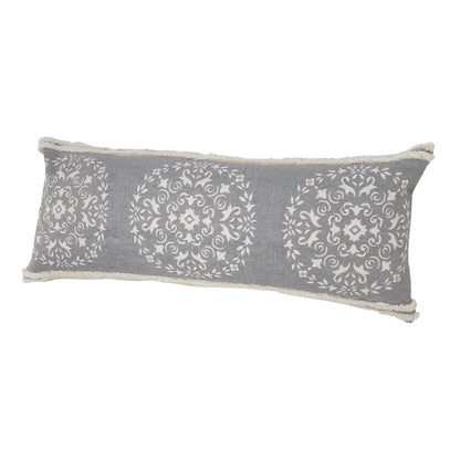 14" X 36" Gray And White Cotton Medallion Throw Pillow