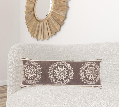 16" X 24" Brown and Ivory Medallion Cotton Lumbar Throw Pillow With Texture