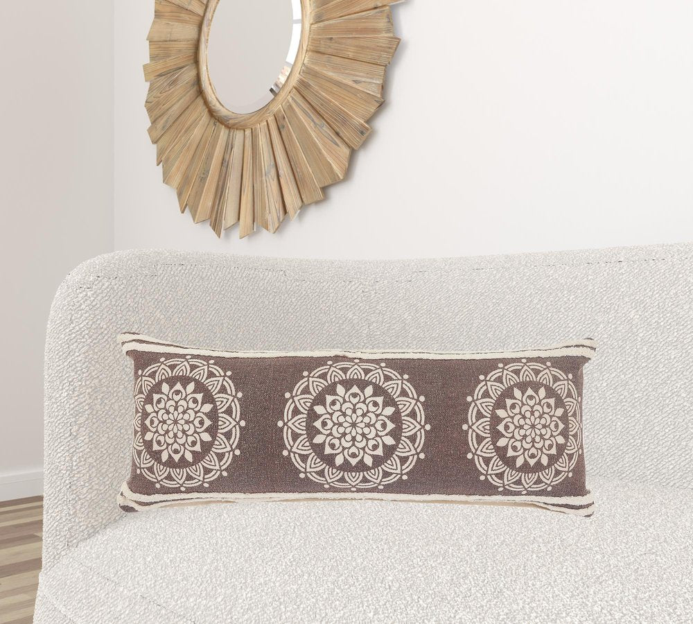 16" X 24" Brown and Ivory Medallion Cotton Lumbar Throw Pillow With Texture