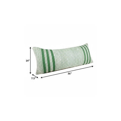 14" X 36" Green And White 100% Cotton Geometric Zippered Pillow