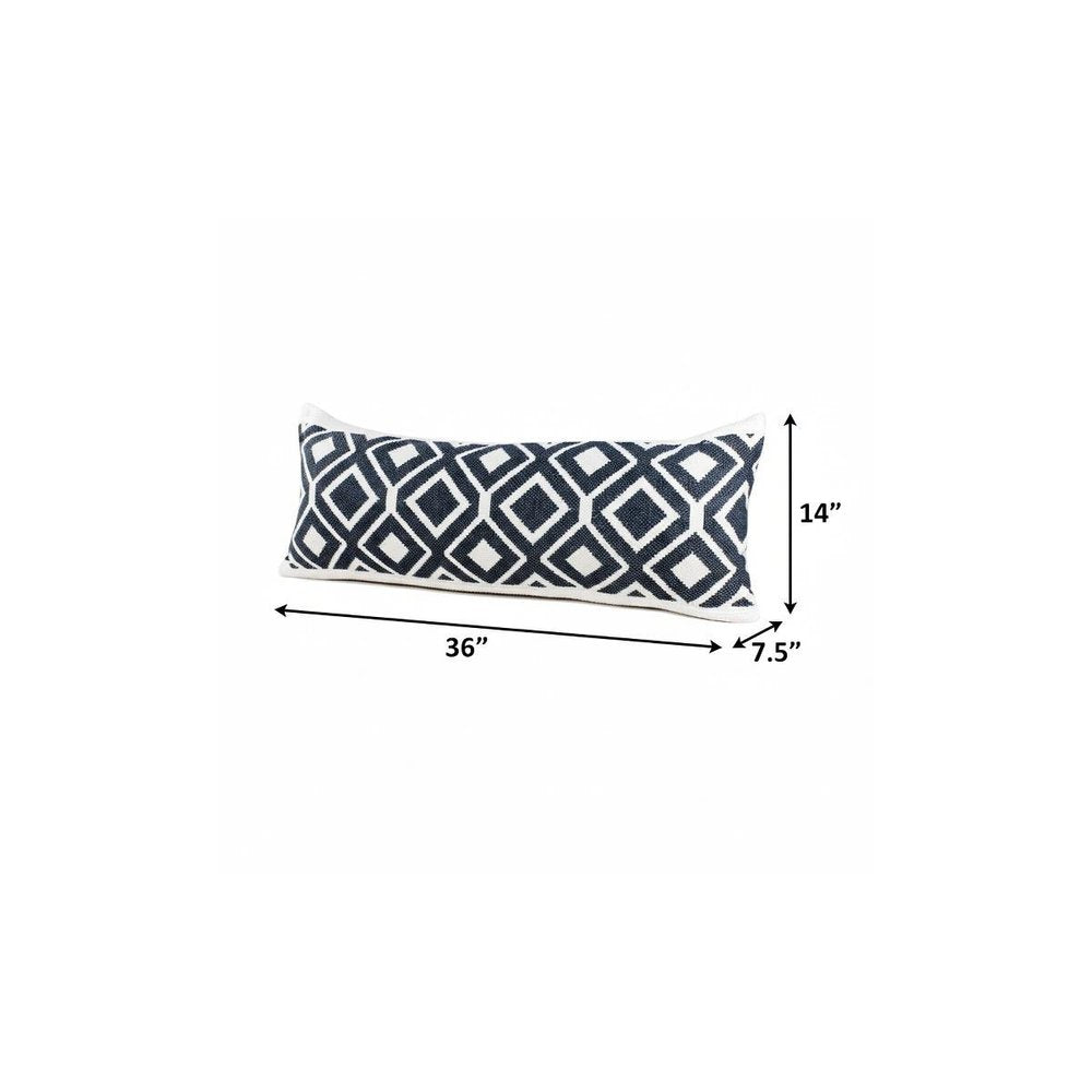 14" X 36" Deep Navy And White 100% Cotton Geometric Zippered Pillow