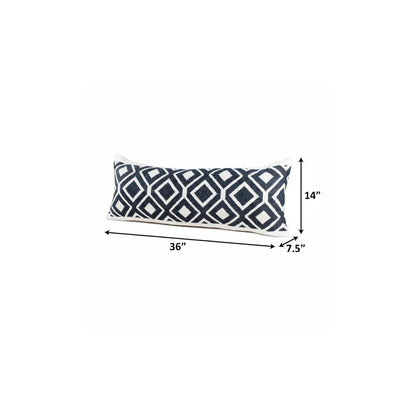14" X 36" Deep Navy And White 100% Cotton Geometric Zippered Pillow