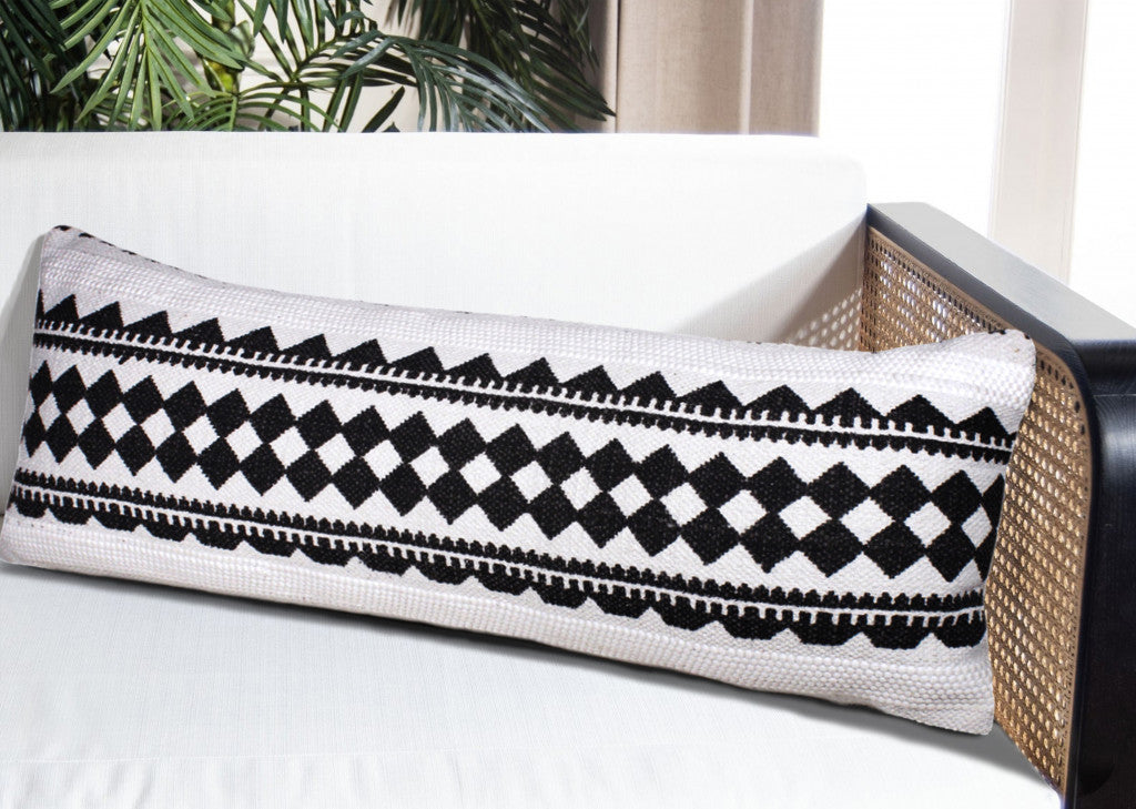 14" X 36" Black And White 100% Cotton Geometric Zippered Pillow