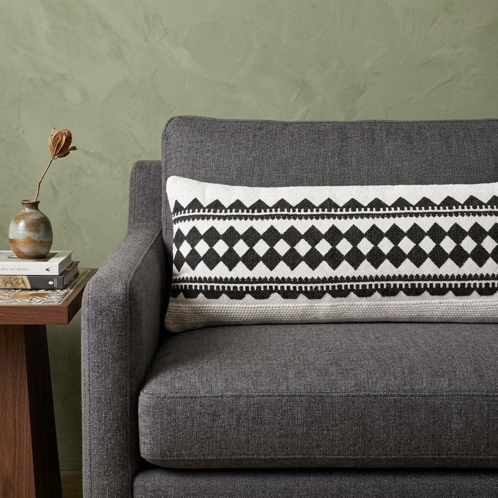 14" X 36" Black And White 100% Cotton Geometric Zippered Pillow