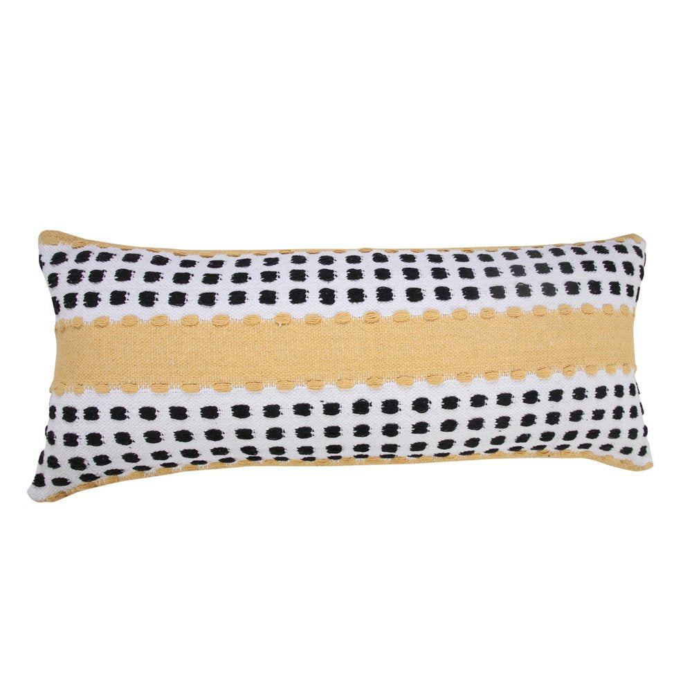 14" X 36" Yellow Black And White Cotton Striped Throw Pillow