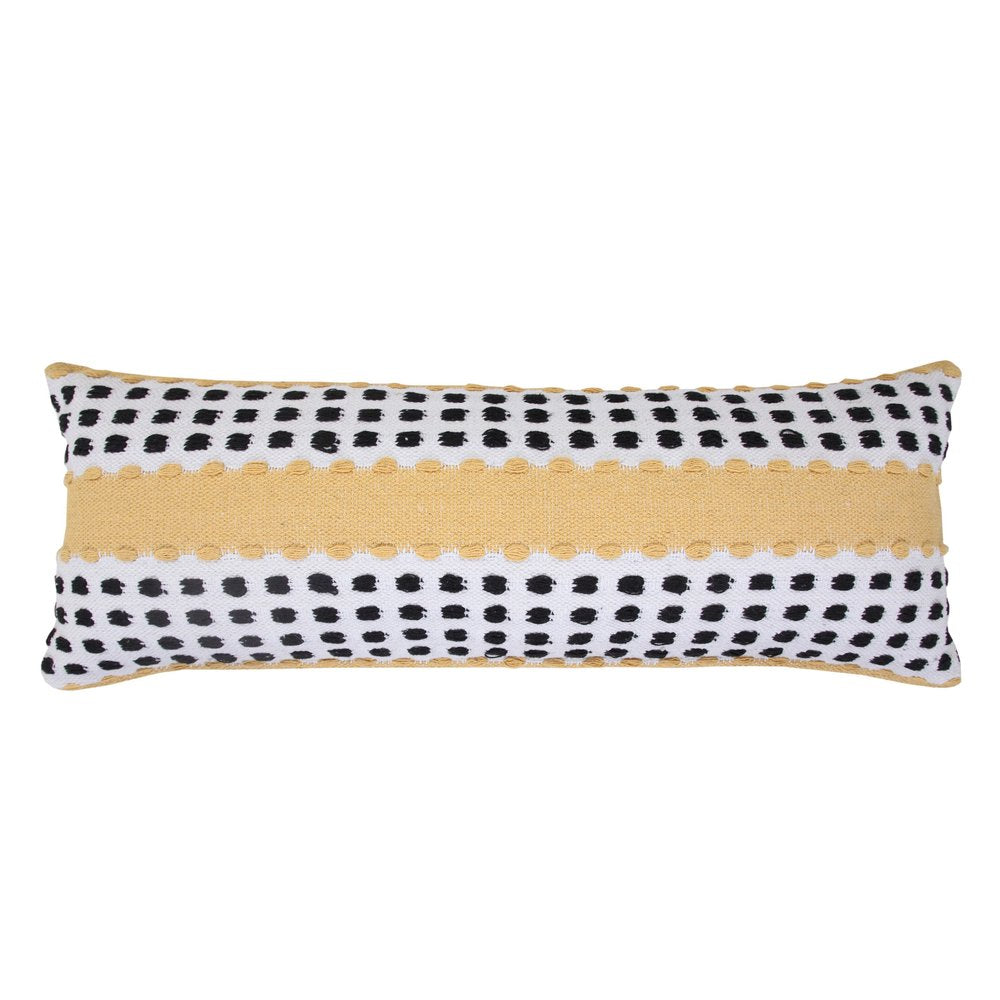 14" X 36" Yellow Black And White Cotton Striped Throw Pillow