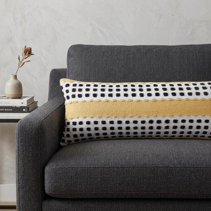 14" X 36" Yellow Black And White Cotton Striped Throw Pillow