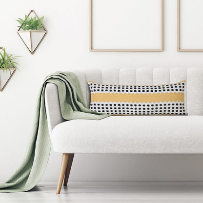 14" X 36" Yellow Black And White Cotton Striped Throw Pillow