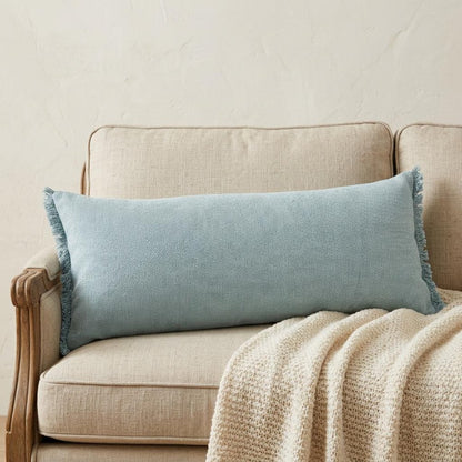 14" X 36" Light Gray Stonewashed Cotton Throw Pillow With Fringe