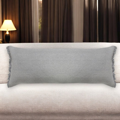 14" X 36" Light Blue Cotton Lumbar Throw Pillow With Fringe