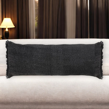 14" X 36" Black Stonewashed Cotton Throw Pillow With Fringe