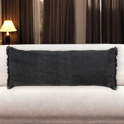 14" X 36" Light Blue Cotton Lumbar Throw Pillow With Fringe