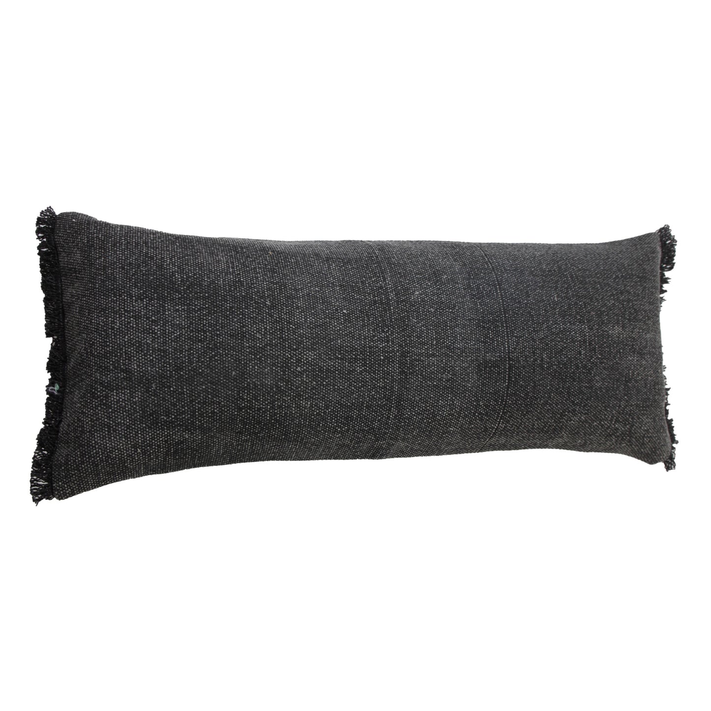 14" X 36" Black Stonewashed Cotton Throw Pillow With Fringe