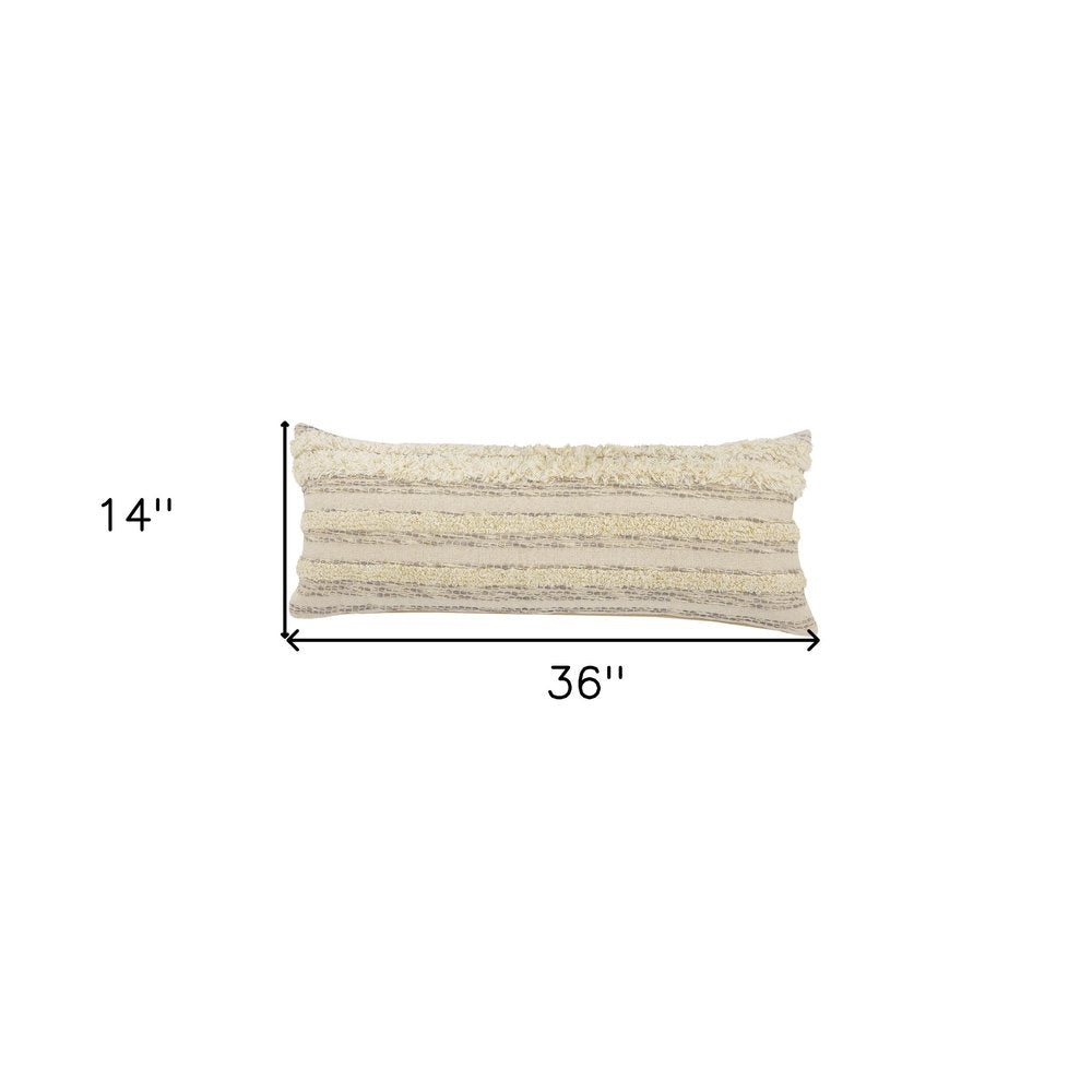 14" X 36" Cream Gray And Tan Cotton Striped Throw Pillow
