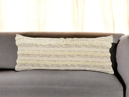 14" X 36" Cream Gray And Tan Cotton Striped Throw Pillow