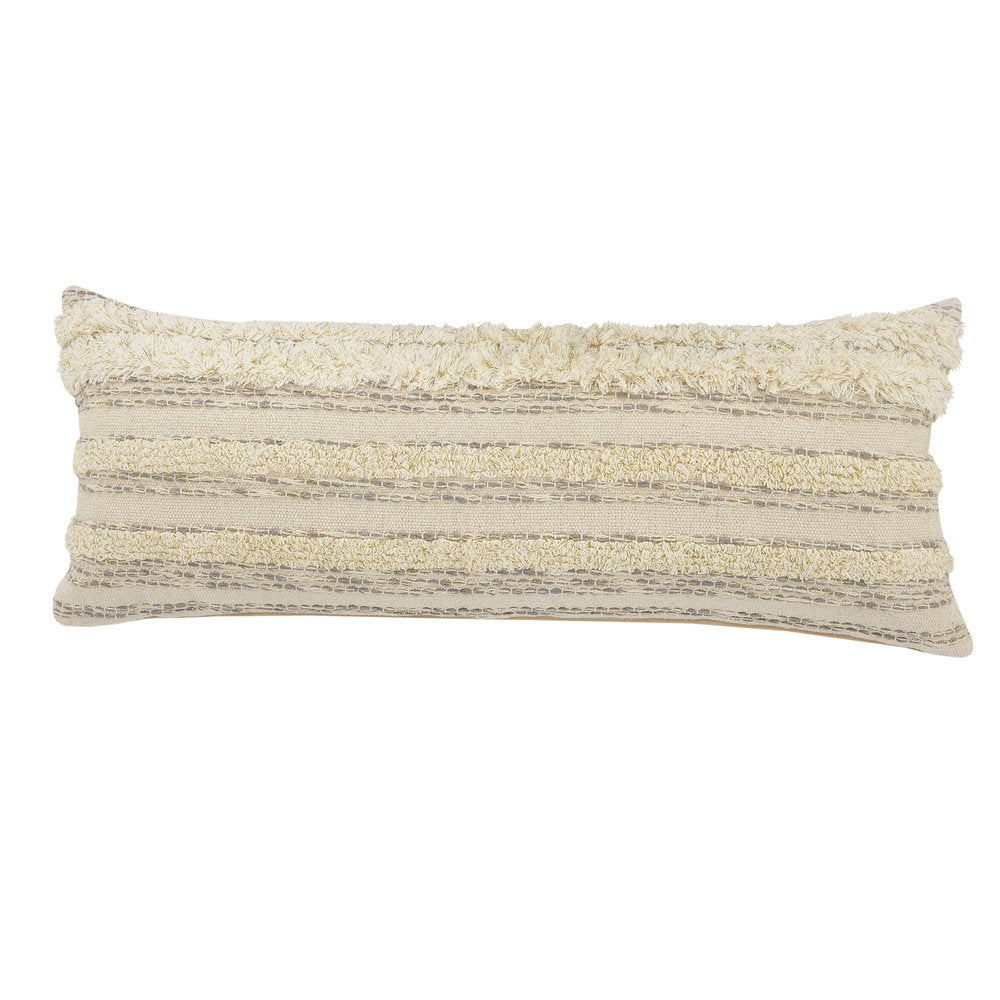14" X 36" Cream Gray And Tan Cotton Striped Throw Pillow