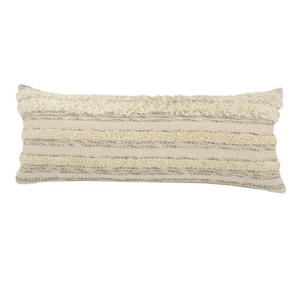 14" X 36" Cream Gray And Tan Cotton Striped Throw Pillow