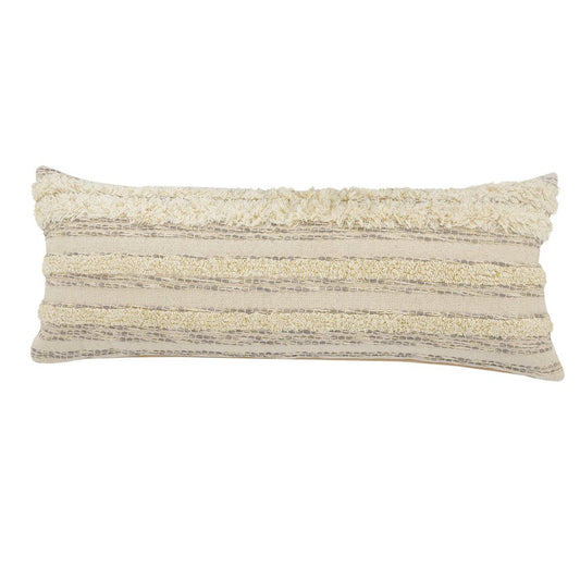 14" X 36" Cream Gray And Tan Cotton Striped Throw Pillow