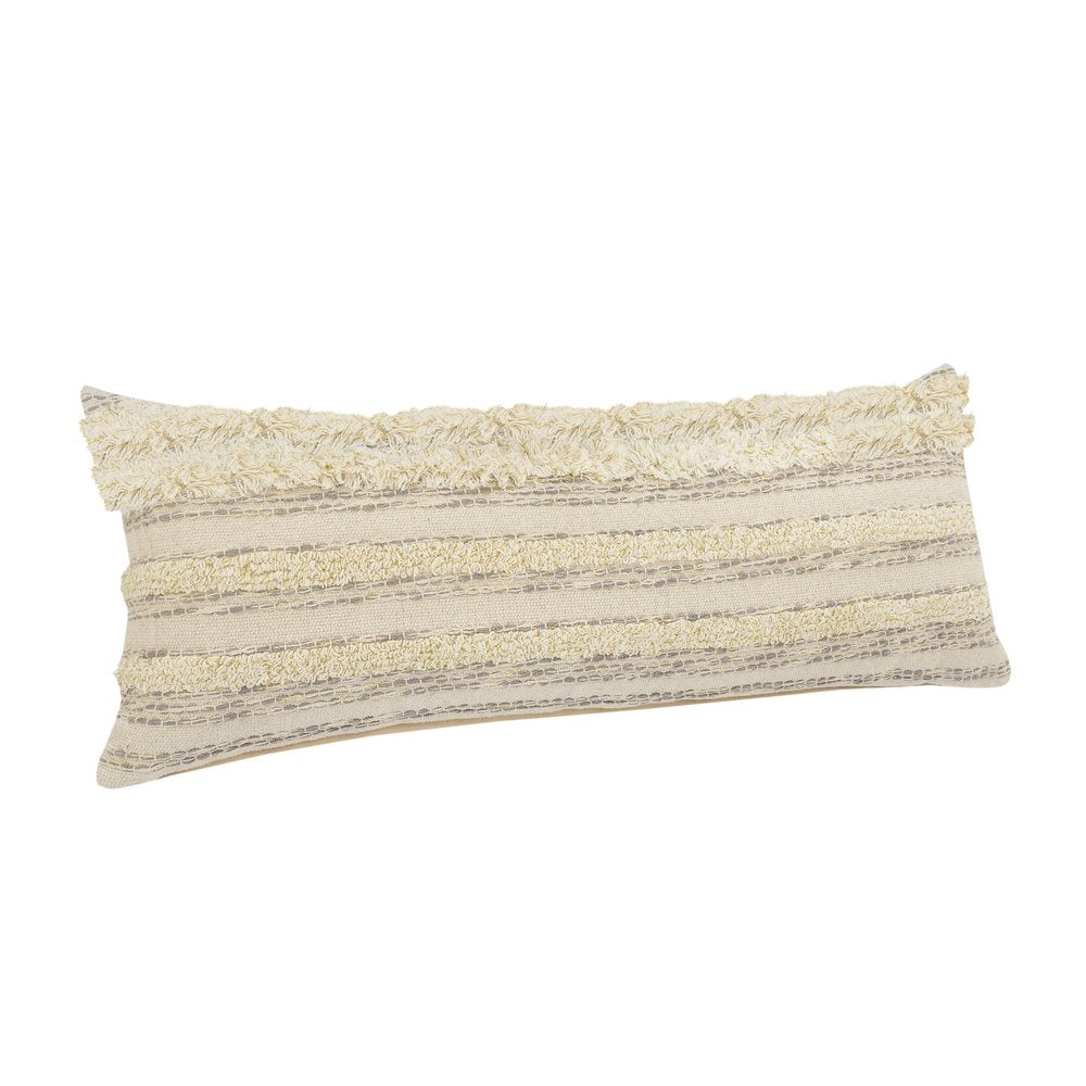 14" X 36" Cream Gray And Tan Cotton Striped Throw Pillow