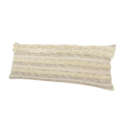 14" X 36" Cream Gray And Tan Cotton Striped Throw Pillow