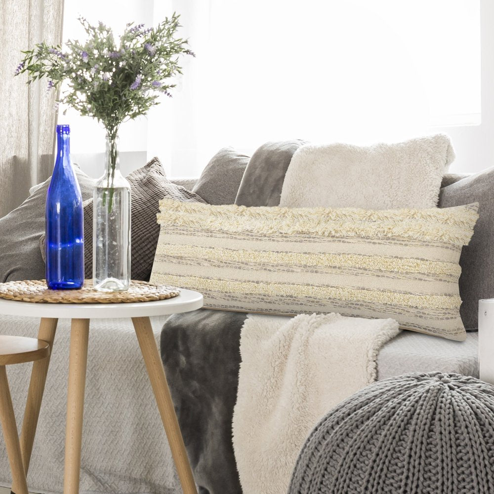 14" X 36" Cream Gray And Tan Cotton Striped Throw Pillow