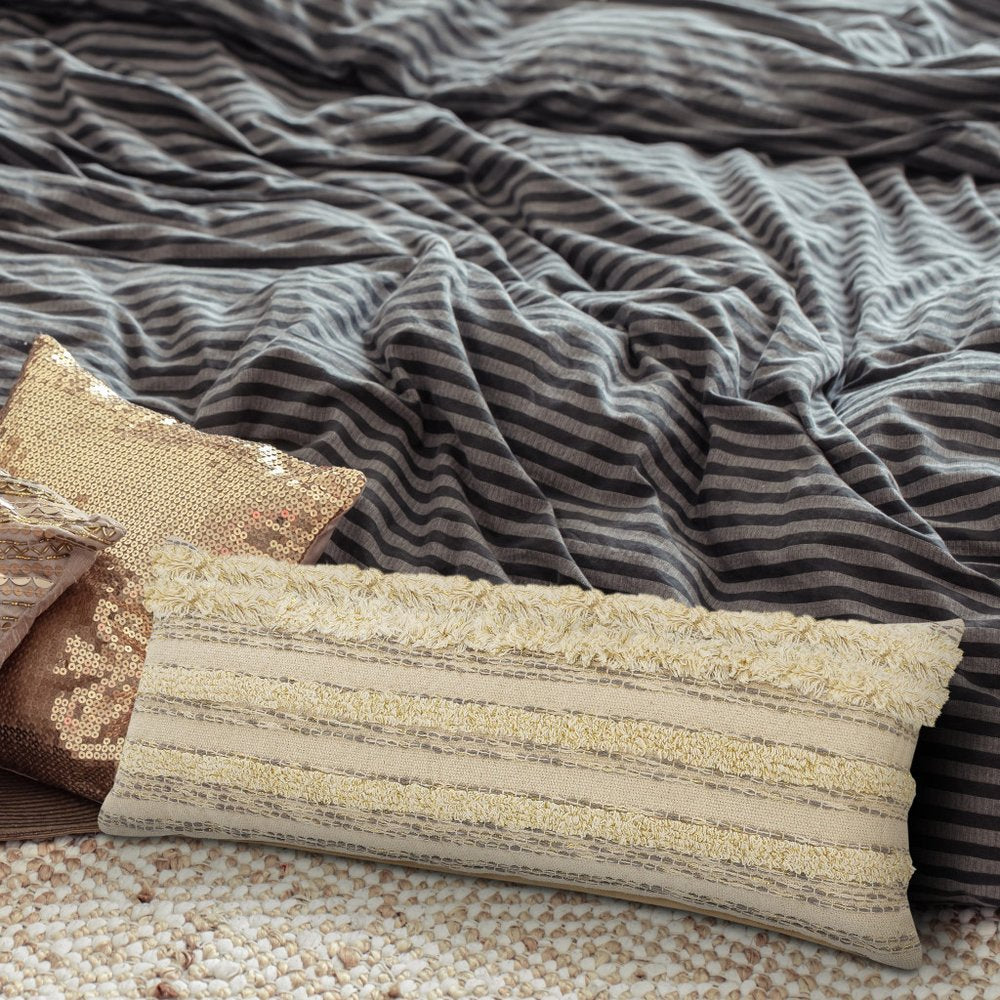 14" X 36" Cream Gray And Tan Cotton Striped Throw Pillow