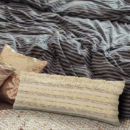 14" X 36" Cream Gray And Tan Cotton Striped Throw Pillow