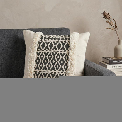 18" X 18" Tan and Black Geometric Cotton Zippered Pillow With Shag