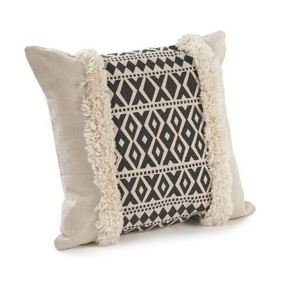 18" X 18" Tan and Black Geometric Cotton Zippered Pillow With Shag