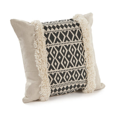 18" X 18" Tan and Black Geometric Cotton Zippered Pillow With Shag