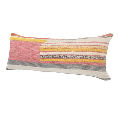 14" X 36" Orange Pink Black And Off-White 100% Cotton Striped Zippered Pillow