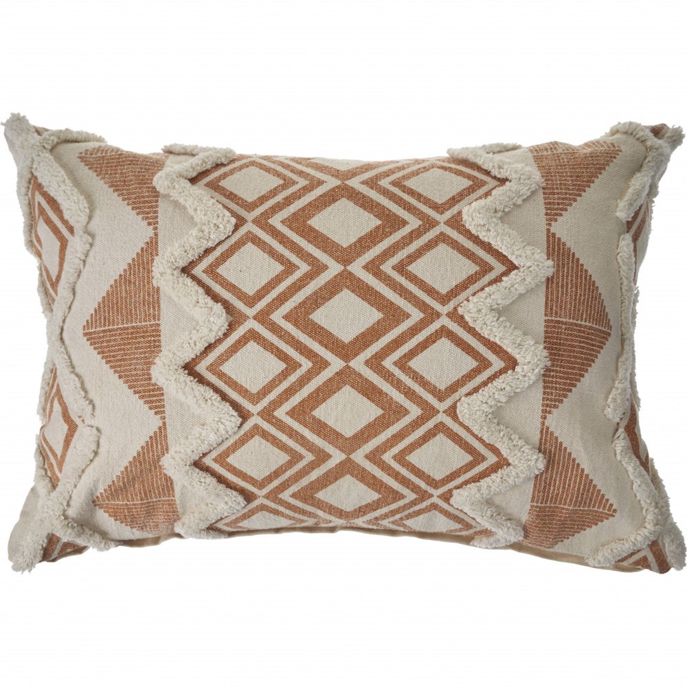 14" X 36" Orange And Cream Cotton Geometric Throw Pillow