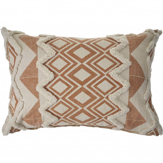 14" X 36" Orange And Cream Cotton Geometric Throw Pillow
