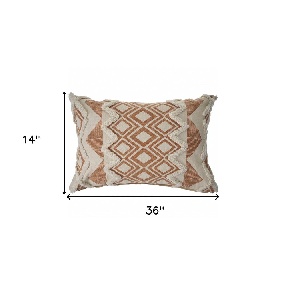 14" X 36" Orange And Cream Cotton Geometric Throw Pillow