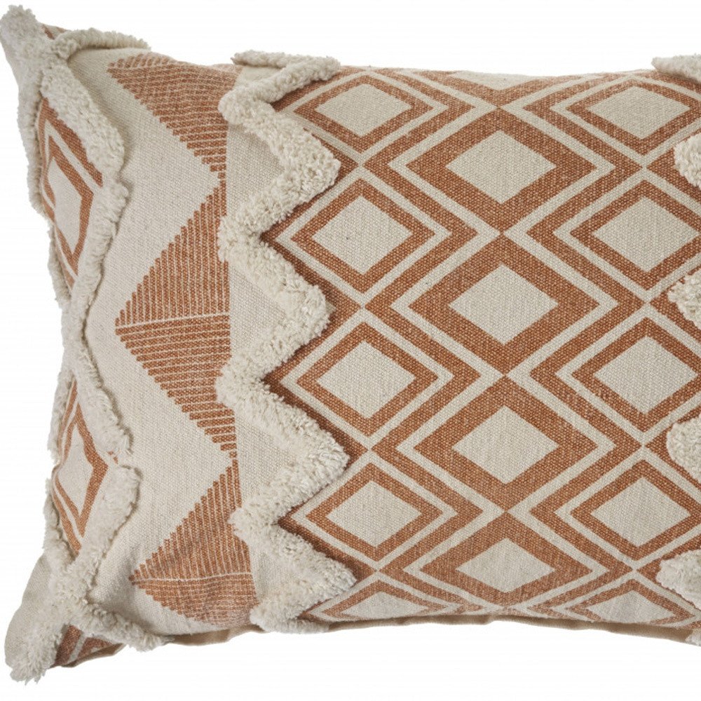14" X 36" Orange And Cream Cotton Geometric Throw Pillow