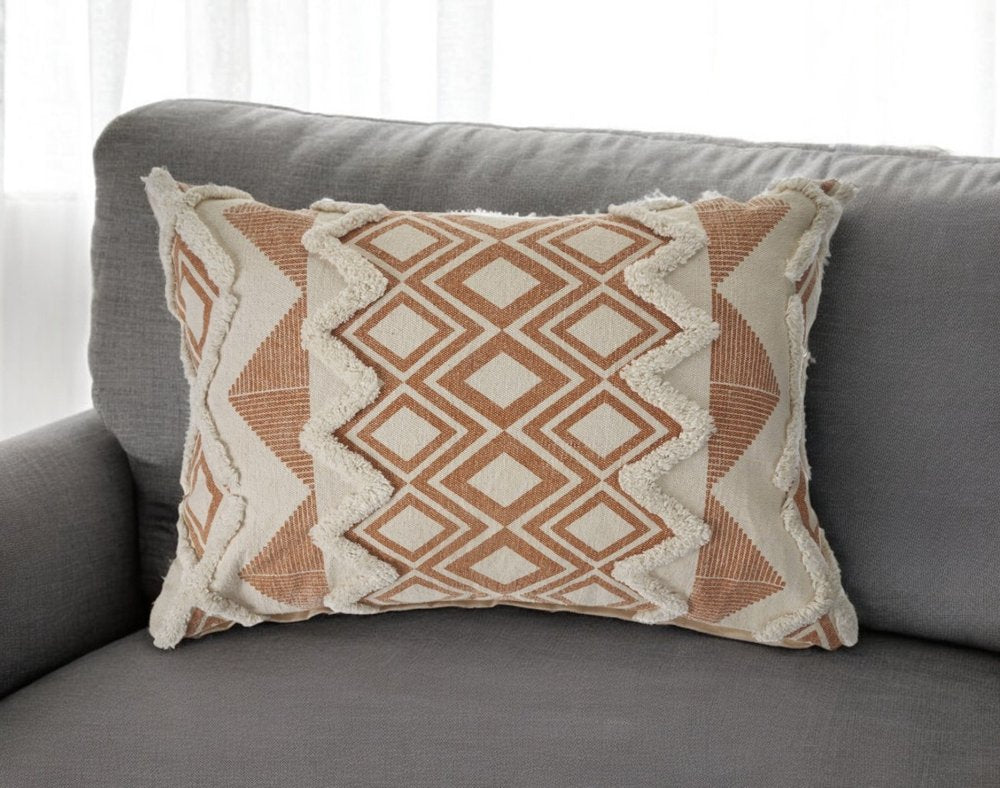 14" X 36" Orange And Cream Cotton Geometric Throw Pillow