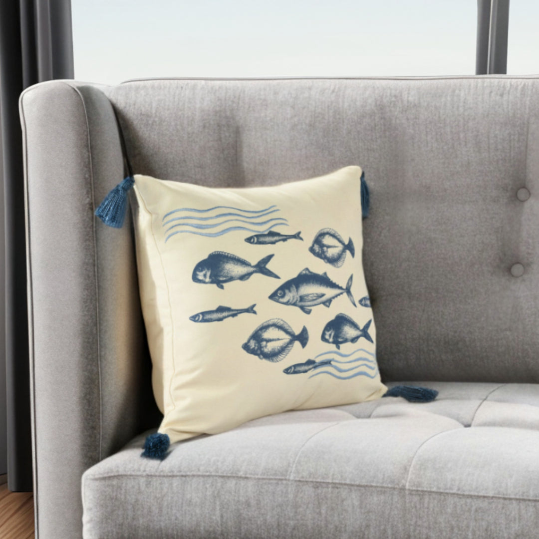 20" Blue and Beige Fish Throw Pillow