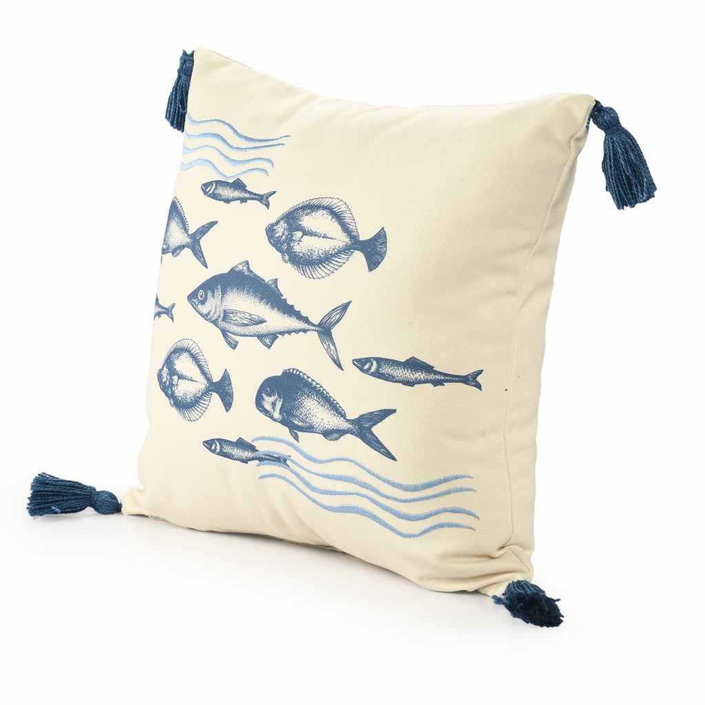 20" Blue and Beige Fish Throw Pillow