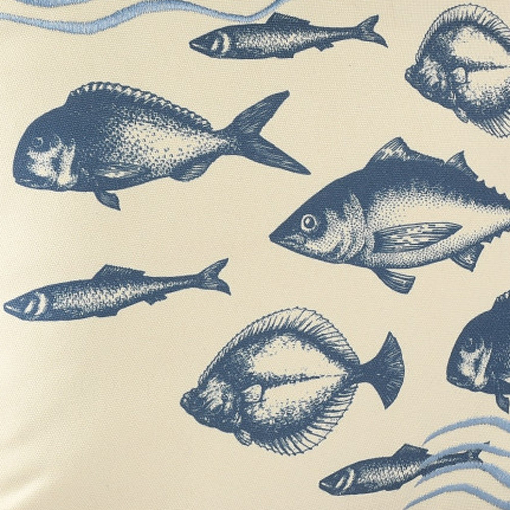 20" Blue and Beige Fish Throw Pillow