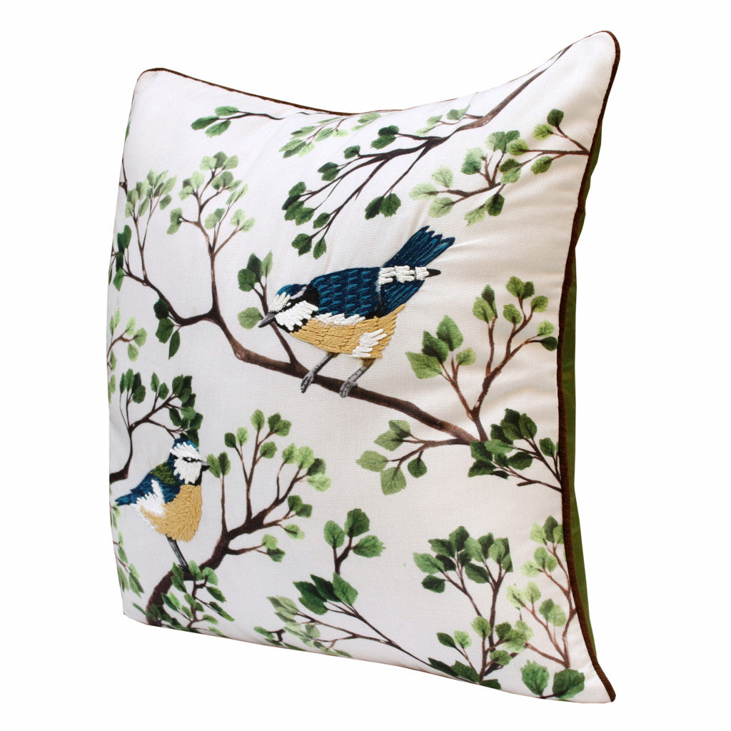 20" X 20" Green Blue And Off-White Bird Polyester Animal Print Zippered Pillow