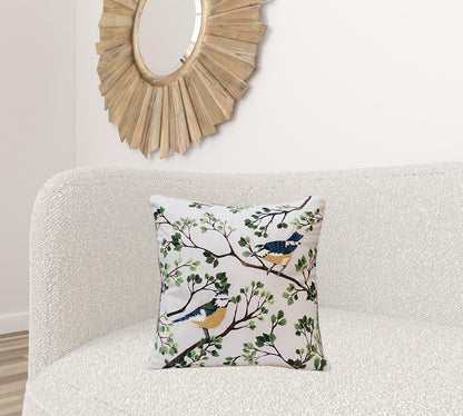 20" X 20" Green Blue And Off-White Bird Polyester Animal Print Zippered Pillow