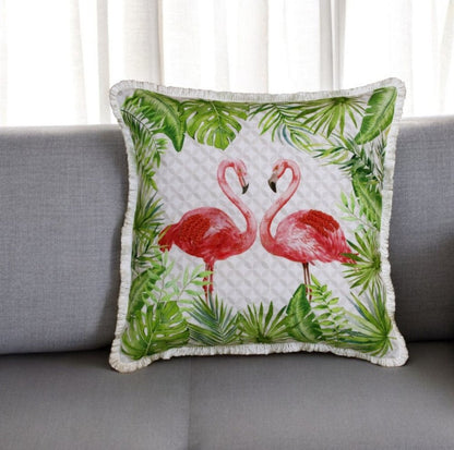 20" Green Pink And White Fabric Bird Throw Pillow