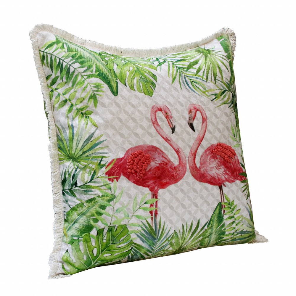 20" Green Pink And White Fabric Bird Throw Pillow