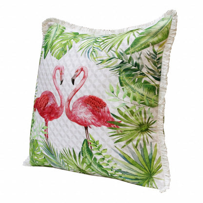 20" Green Pink And White Fabric Bird Throw Pillow