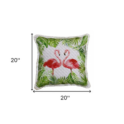 20" Green Pink And White Fabric Bird Throw Pillow