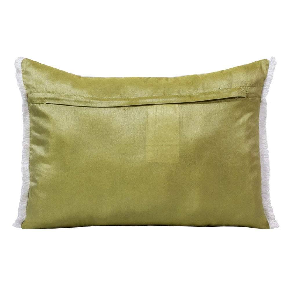 14" X 20" Green And Off White Lumbar Tropical Throw Pillow with Fringe