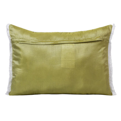 14" X 20" Green And Off White Lumbar Tropical Throw Pillow with Fringe