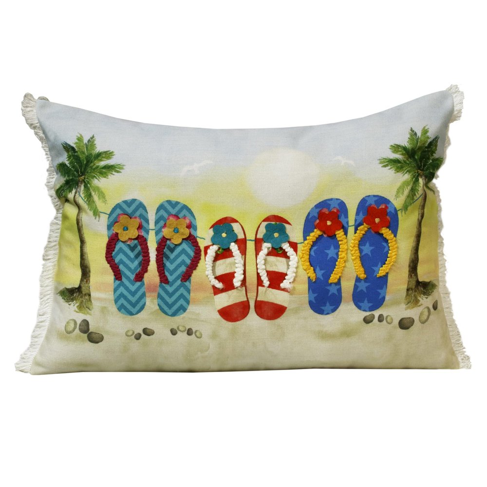 14" X 20" Green And Off White Lumbar Tropical Throw Pillow with Fringe